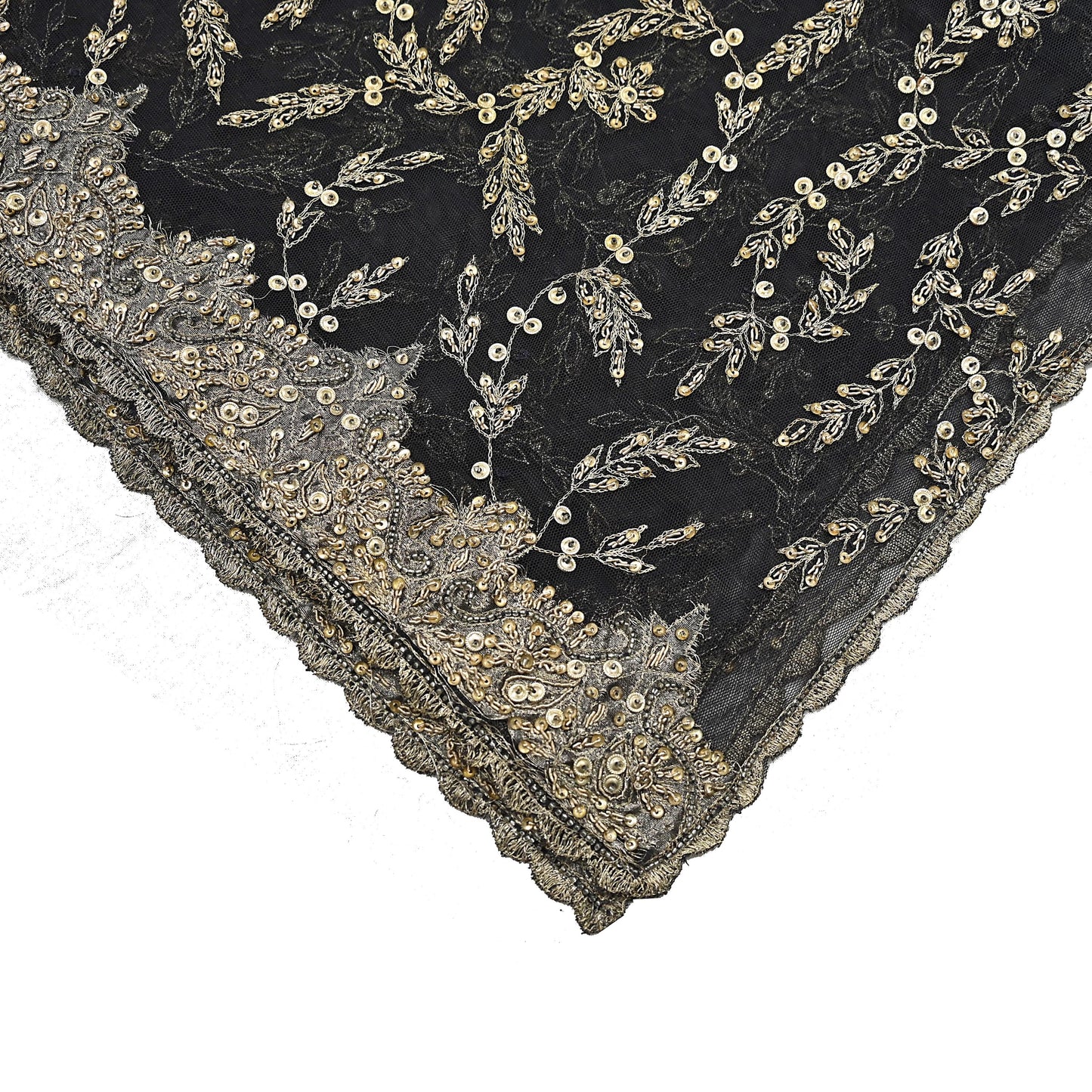 Indian Vintage Heavy Black Dupatta Net Mesh Long Stole Hand Embroidered Scarves Golden Zardozi Zari Sequins Stole