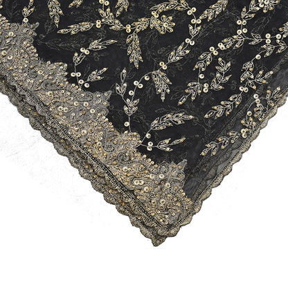 Indian Vintage Heavy Black Dupatta Net Mesh Long Stole Hand Embroidered Scarves Golden Zardozi Zari Sequins Stole