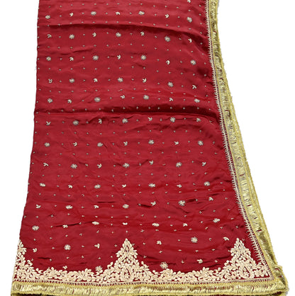 Indian Vintage Heavy Wedding Red Dupatta Pure Satin Silk Long Stole Hand Embroidered Scarves Golden Zardozi Bridal Heavy Dupatta hijab veil