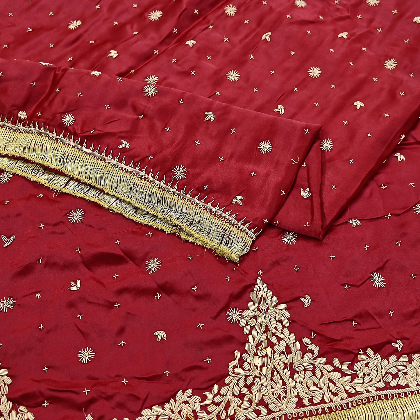 Indian Vintage Heavy Wedding Red Dupatta Pure Satin Silk Long Stole Hand Embroidered Scarves Golden Zardozi Bridal Heavy Dupatta hijab veil