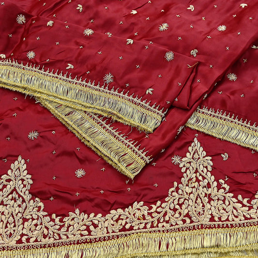 Indian Vintage Heavy Wedding Red Dupatta Pure Satin Silk Long Stole Hand Embroidered Scarves Golden Zardozi Bridal Heavy Dupatta hijab veil