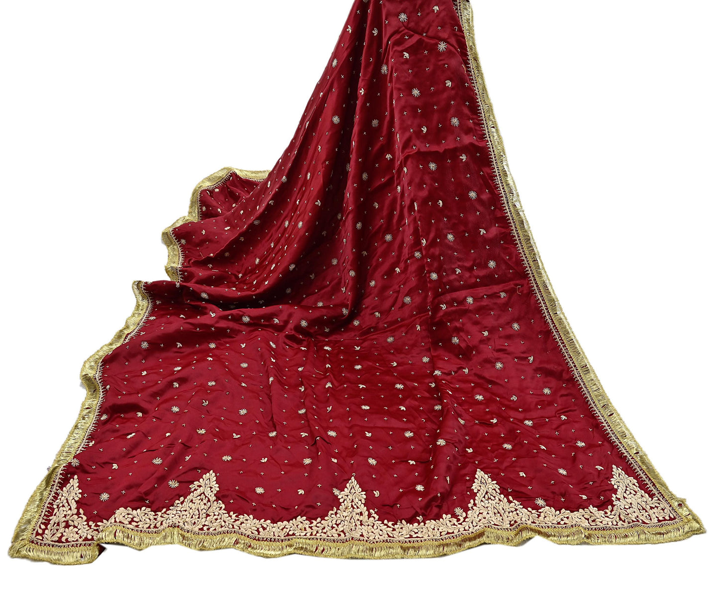 Indian Vintage Heavy Wedding Red Dupatta Pure Satin Silk Long Stole Hand Embroidered Scarves Golden Zardozi Bridal Heavy Dupatta hijab veil