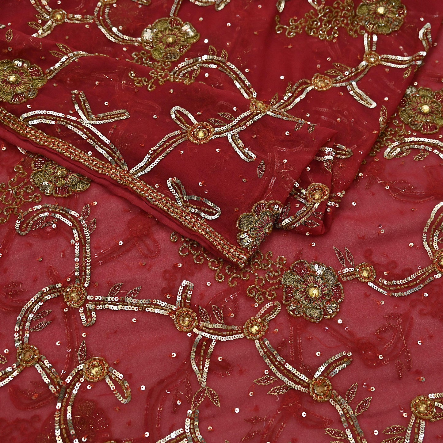 Indian Vintage Heavy Bridal Red Dupatta Pure Georgette Silk Long Stole Hand Embroidered Scarf Zardozi/Dabka Wedding red Hijab veil