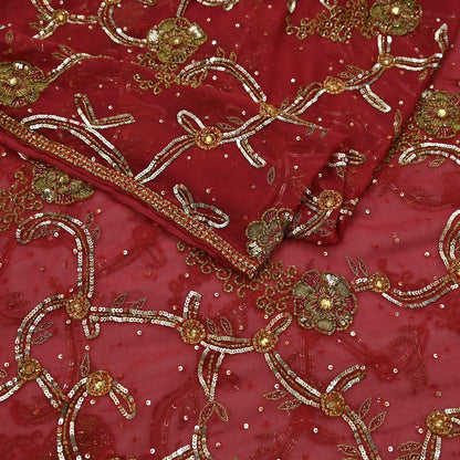 Indian Vintage Heavy Bridal Red Dupatta Pure Georgette Silk Long Stole Hand Embroidered Scarf Zardozi/Dabka Wedding red Hijab veil