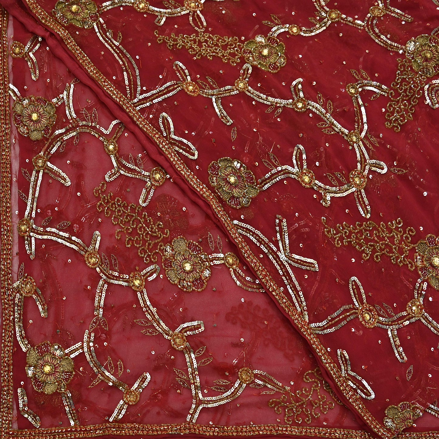 Indian Vintage Heavy Bridal Red Dupatta Pure Georgette Silk Long Stole Hand Embroidered Scarf Zardozi/Dabka Wedding red Hijab veil