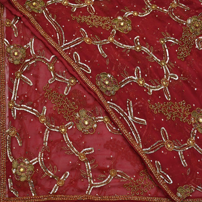 Indian Vintage Heavy Bridal Red Dupatta Pure Georgette Silk Long Stole Hand Embroidered Scarf Zardozi/Dabka Wedding red Hijab veil