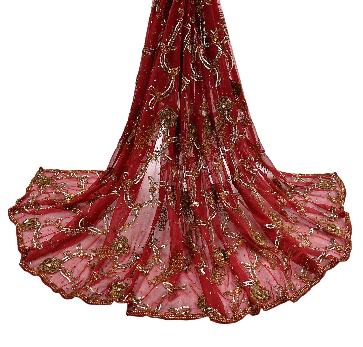 Indian Vintage Heavy Bridal Red Dupatta Pure Georgette Silk Long Stole Hand Embroidered Scarf Zardozi/Dabka Wedding red Hijab veil