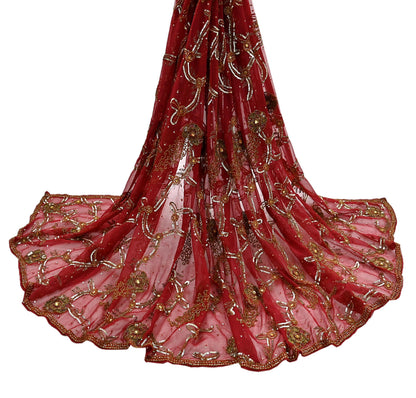 Indian Vintage Heavy Bridal Red Dupatta Pure Georgette Silk Long Stole Hand Embroidered Scarf Zardozi/Dabka Wedding red Hijab veil