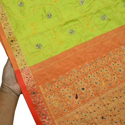 Indian Vintage Saree Heavy Hand Embroidered Pure Silk Green & Orange Bridal Fabric 5 Yards Dress Making Bollywood Sarees