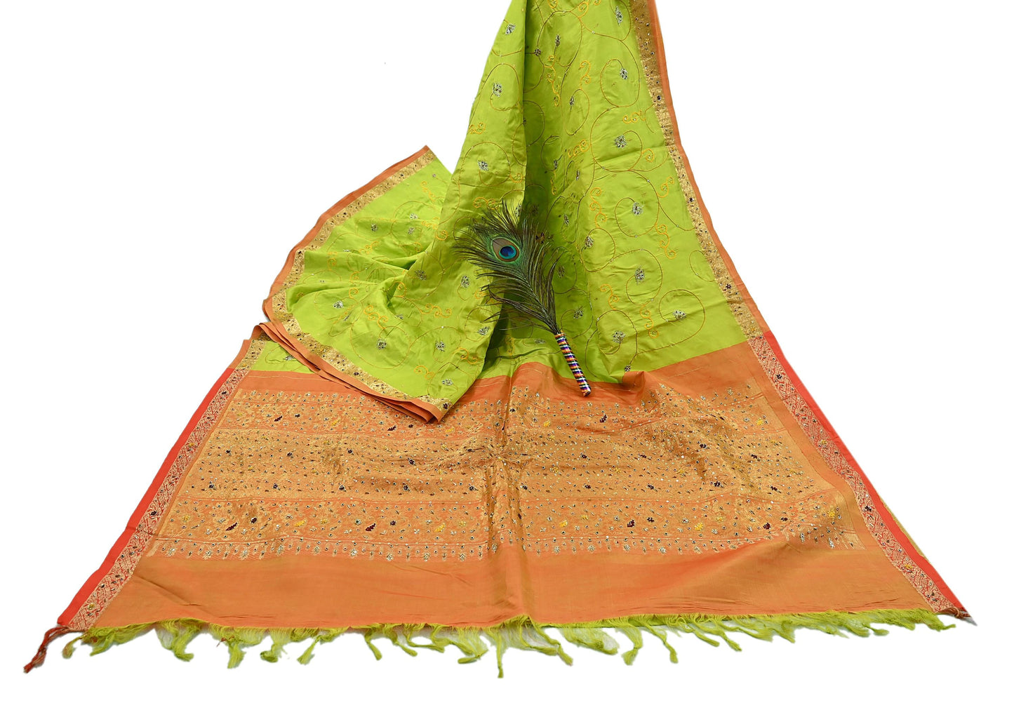 Indian Vintage Saree Heavy Hand Embroidered Pure Silk Green & Orange Bridal Fabric 5 Yards Dress Making Bollywood Sarees