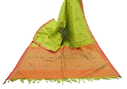 Indian Vintage Saree Heavy Hand Embroidered Pure Silk Green & Orange Bridal Fabric 5 Yards Dress Making Bollywood Sarees