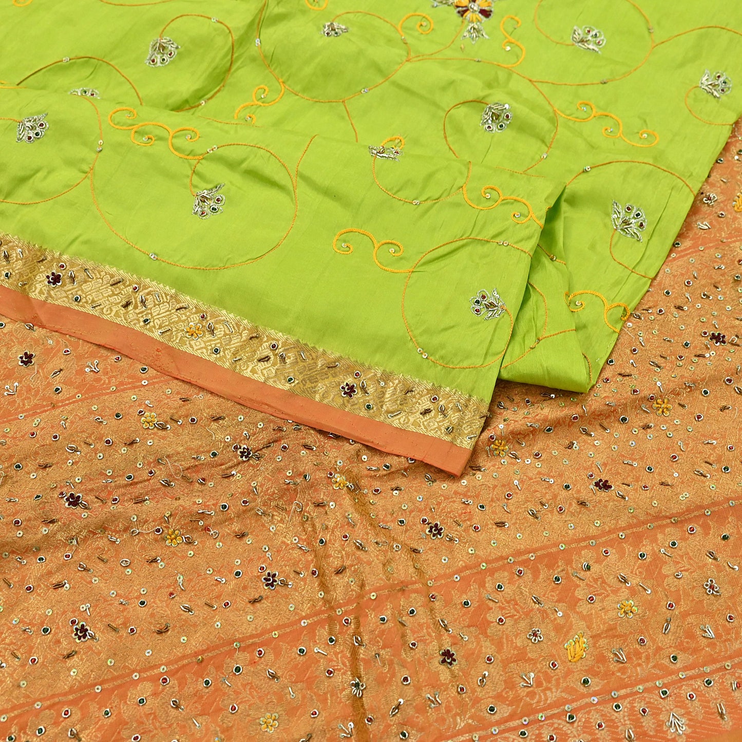 Indian Vintage Saree Heavy Hand Embroidered Pure Silk Green & Orange Bridal Fabric 5 Yards Dress Making Bollywood Sarees