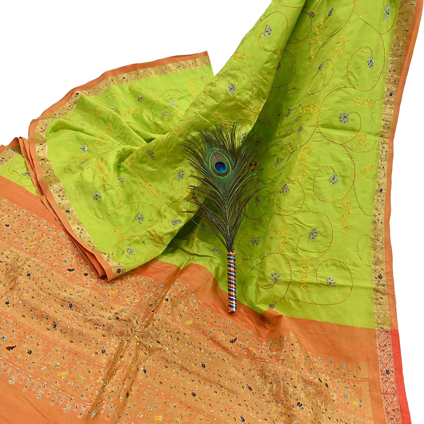 Indian Vintage Saree Heavy Hand Embroidered Pure Silk Green & Orange Bridal Fabric 5 Yards Dress Making Bollywood Sarees