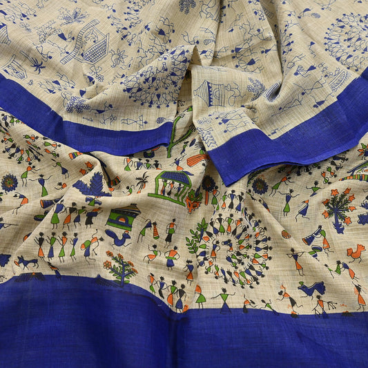 Indian Vintage Ivory & Blue Dupatta Long Stole Warli Printed Pure Cotton Scarf Veil Soft Border Work