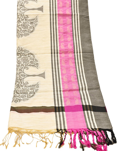 Indian Vintage Ivory Dupatta Long Stole Artificial Silk hand Woven Scarves Veil Scarf Wrap Hippie Boho Soft Floral Fringes