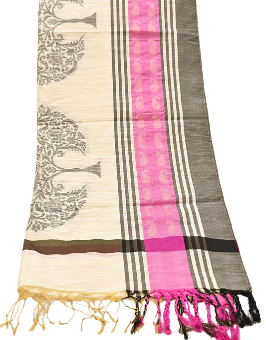 Indian Vintage Ivory Dupatta Long Stole Artificial Silk hand Woven Scarves Veil Scarf Wrap Hippie Boho Soft Floral Fringes