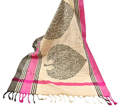 Indian Vintage Ivory Dupatta Long Stole Artificial Silk hand Woven Scarves Veil Scarf Wrap Hippie Boho Soft Floral Fringes