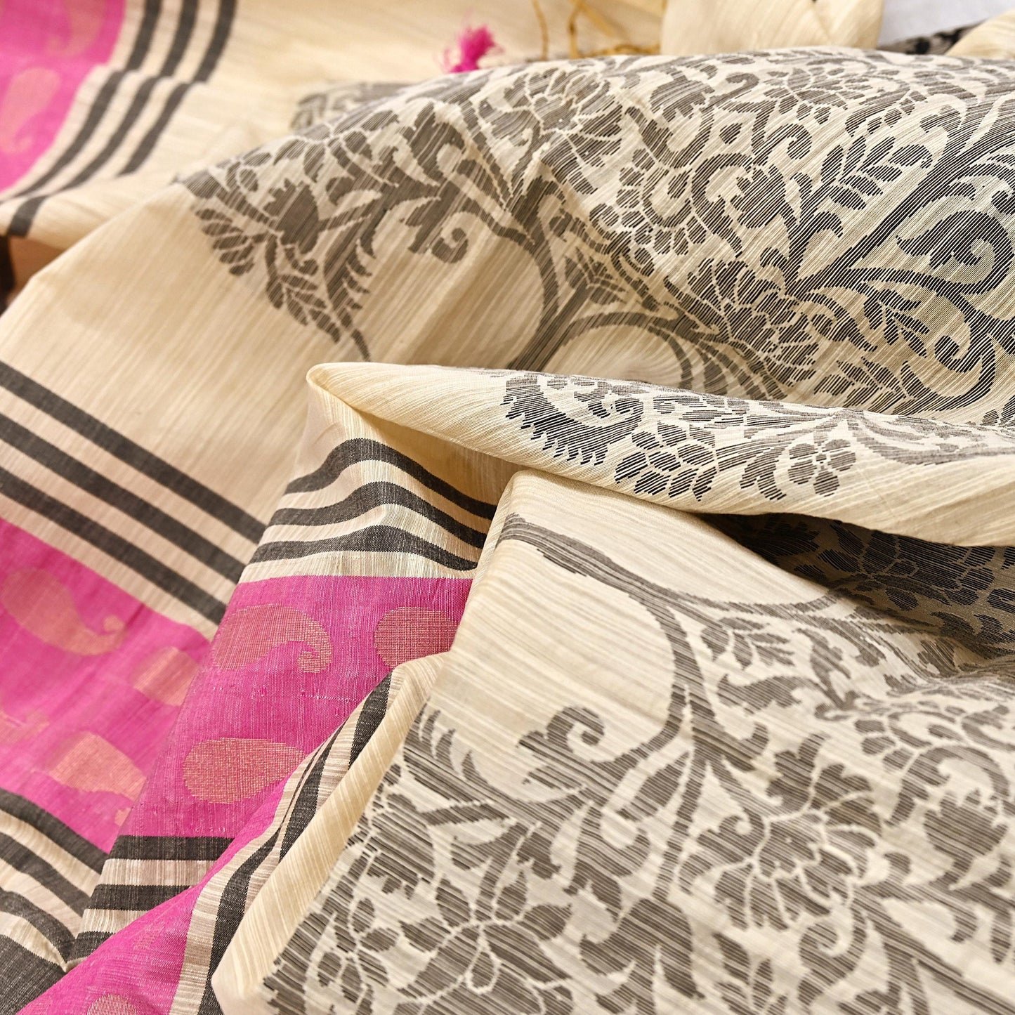 Indian Vintage Ivory Dupatta Long Stole Artificial Silk hand Woven Scarves Veil Scarf Wrap Hippie Boho Soft Floral Fringes