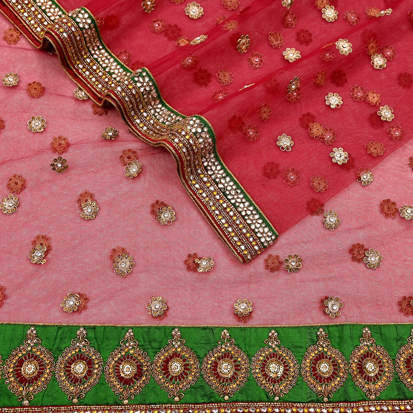 Indian Vintage Luxury Wedding Red Dupatta Net Mesh Long Stole Hand Embroidered Scarves Golden Zardozi Dabka Zari Stole