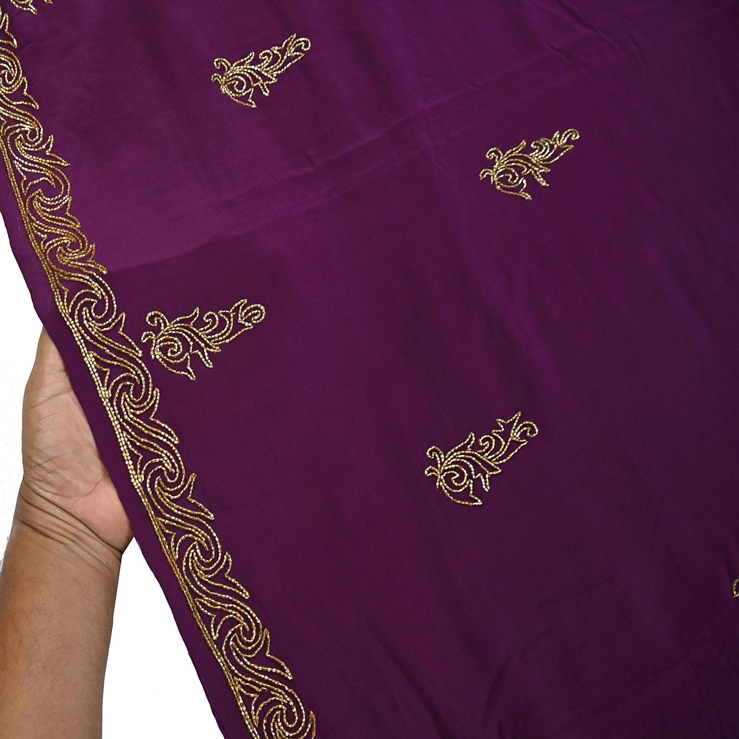 Indian Vintage Heavy Sari Purple Pure Crepe Silk Hand Embroidered Saree Craft Fabric 5Yd Sewing Dress making Crafting Quilting Blouse size M