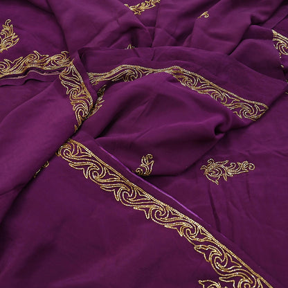 Indian Vintage Heavy Sari Purple Pure Crepe Silk Hand Embroidered Saree Craft Fabric 5Yd Sewing Dress making Crafting Quilting Blouse size M