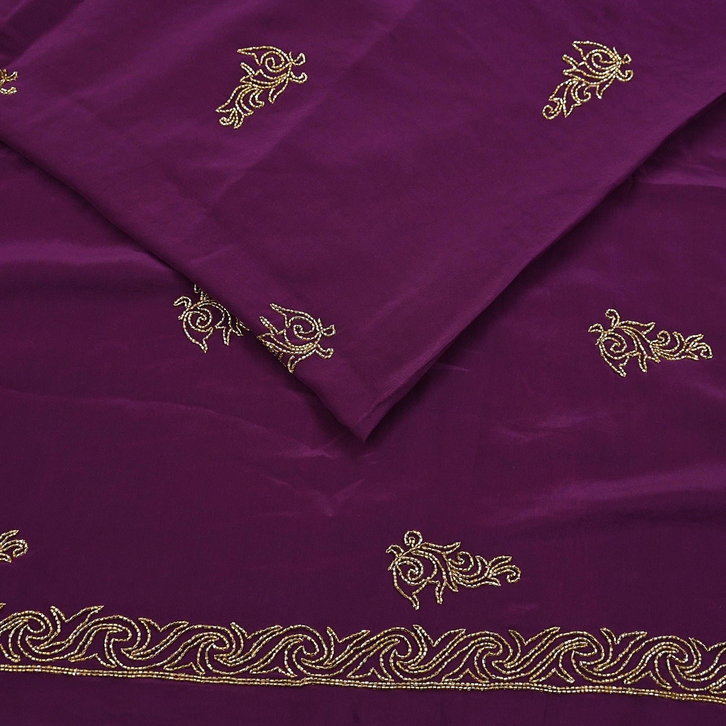 Indian Vintage Heavy Sari Purple Pure Crepe Silk Hand Embroidered Saree Craft Fabric 5Yd Sewing Dress making Crafting Quilting Blouse size M
