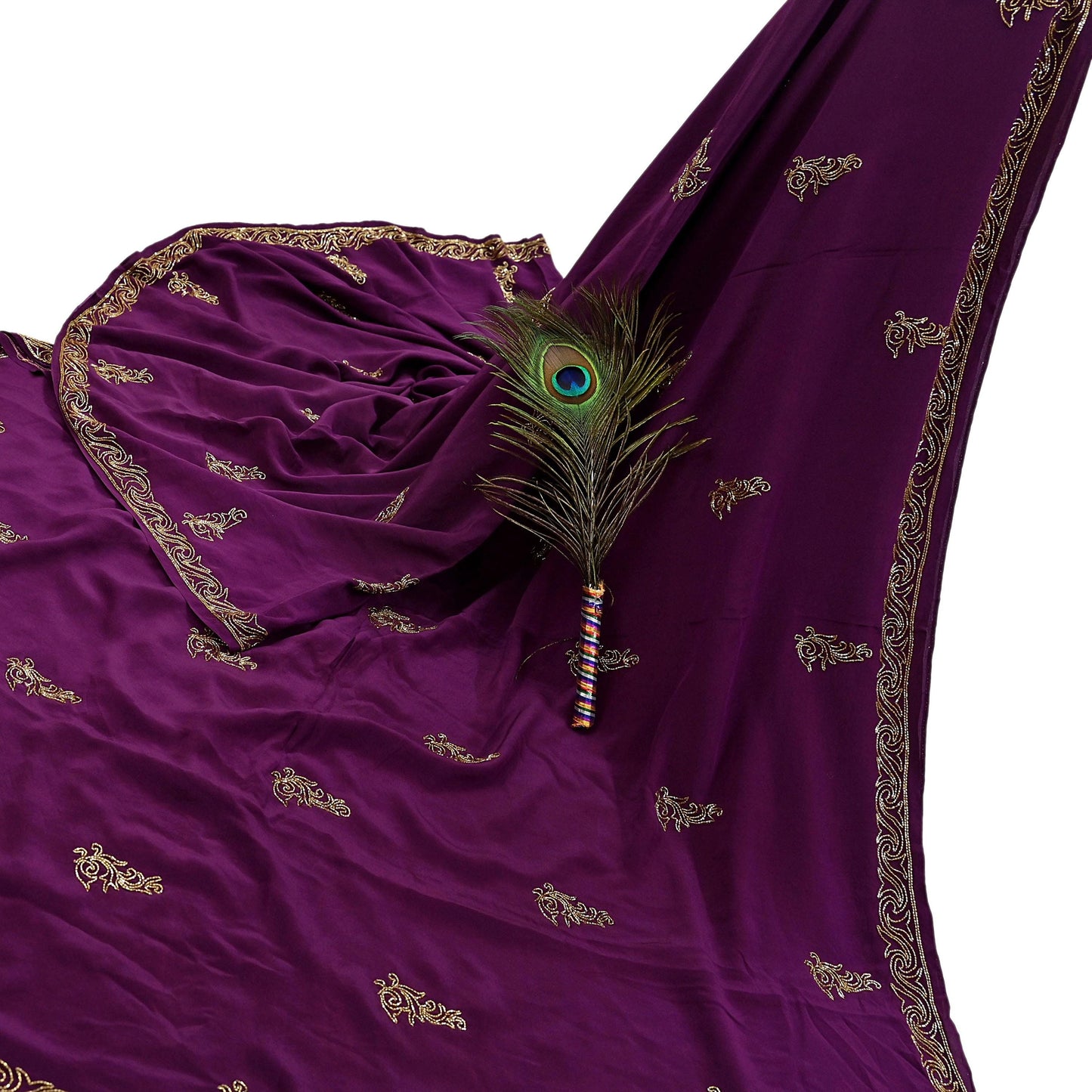 Indian Vintage Heavy Sari Purple Pure Crepe Silk Hand Embroidered Saree Craft Fabric 5Yd Sewing Dress making Crafting Quilting Blouse size M