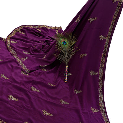 Indian Vintage Heavy Sari Purple Pure Crepe Silk Hand Embroidered Saree Craft Fabric 5Yd Sewing Dress making Crafting Quilting Blouse size M