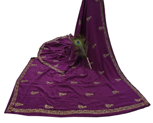 Indian Vintage Heavy Sari Purple Pure Crepe Silk Hand Embroidered Saree Craft Fabric 5Yd Sewing Dress making Crafting Quilting Blouse size M