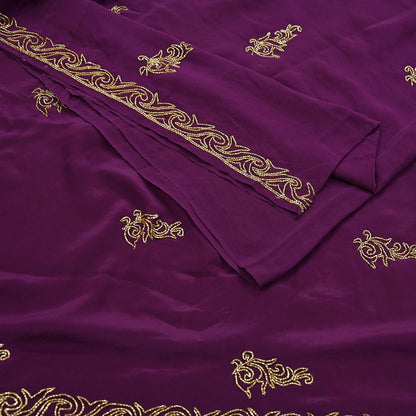 Indian Vintage Heavy Sari Purple Pure Crepe Silk Hand Embroidered Saree Craft Fabric 5Yd Sewing Dress making Crafting Quilting Blouse size M