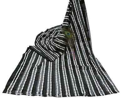 Indian Vintage Black Saree Net/Mesh Embroidered Sari Craft Fabric Floral 5Yd Zari Ethnic