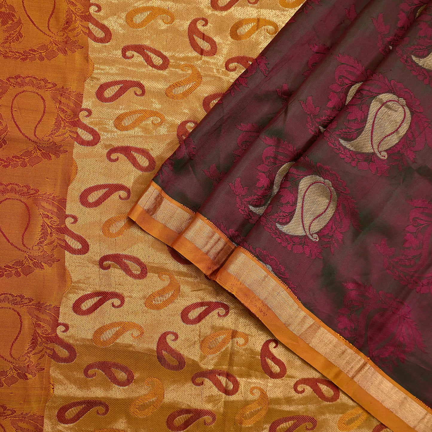 Vintage Kanjivaram Silk Saree Peach & Green Pure Silk Zari Fabric Indian Handwoven 5Yd Craft Material Dressmaking Textile