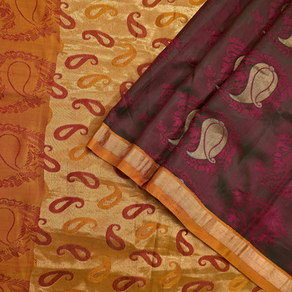 Vintage Kanjivaram Silk Saree Peach & Green Pure Silk Zari Fabric Indian Handwoven 5Yd Craft Material Dressmaking Textile
