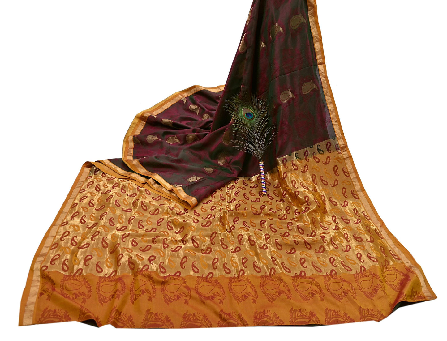 Vintage Kanjivaram Silk Saree Peach & Green Pure Silk Zari Fabric Indian Handwoven 5Yd Craft Material Dressmaking Textile
