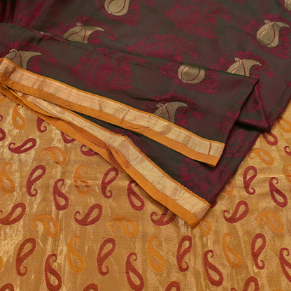 Vintage Kanjivaram Silk Saree Peach & Green Pure Silk Zari Fabric Indian Handwoven 5Yd Craft Material Dressmaking Textile