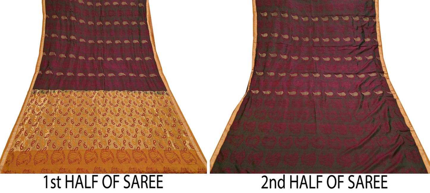 Vintage Kanjivaram Silk Saree Peach & Green Pure Silk Zari Fabric Indian Handwoven 5Yd Craft Material Dressmaking Textile