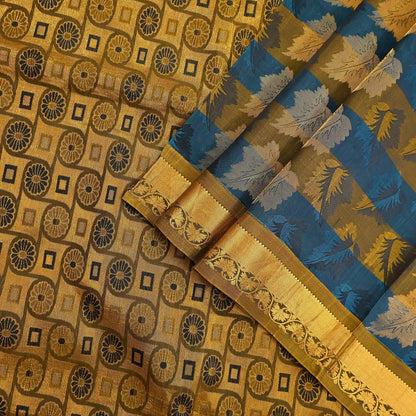 Indian Vintage Heavy Blue & green Kanjivaram Saree 100% Pure Silk Sari Metallic Golden Zari 5Yd Floral Crafting Dress making