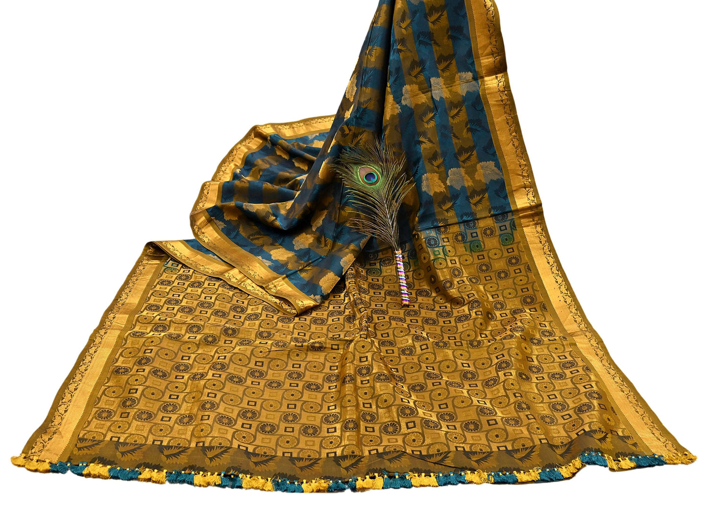 Indian Vintage Heavy Blue & green Kanjivaram Saree 100% Pure Silk Sari Metallic Golden Zari 5Yd Floral Crafting Dress making