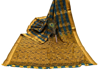 Indian Vintage Heavy Blue & green Kanjivaram Saree 100% Pure Silk Sari Metallic Golden Zari 5Yd Floral Crafting Dress making