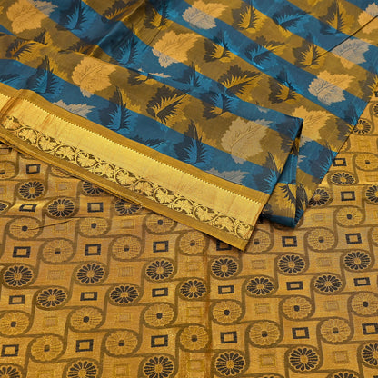Indian Vintage Heavy Blue & green Kanjivaram Saree 100% Pure Silk Sari Metallic Golden Zari 5Yd Floral Crafting Dress making