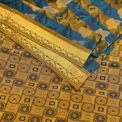 Indian Vintage Heavy Blue & green Kanjivaram Saree 100% Pure Silk Sari Metallic Golden Zari 5Yd Floral Crafting Dress making
