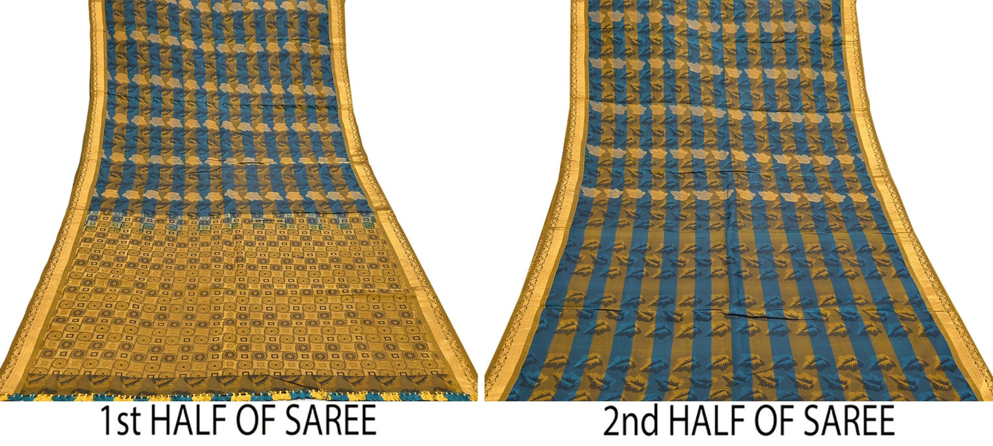 Indian Vintage Heavy Blue & green Kanjivaram Saree 100% Pure Silk Sari Metallic Golden Zari 5Yd Floral Crafting Dress making