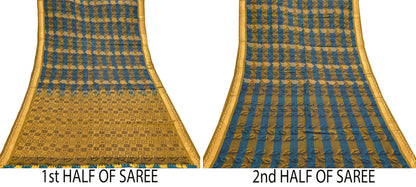 Indian Vintage Heavy Blue & green Kanjivaram Saree 100% Pure Silk Sari Metallic Golden Zari 5Yd Floral Crafting Dress making