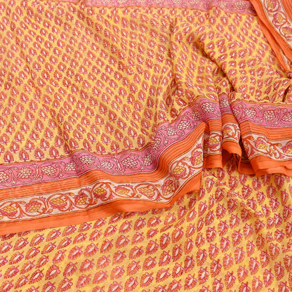 Indian Vintage Sari Yellow Pure Chiffon Silk Printed Saree 5Yd Craft Fabric Sewing Soft Light Sari Dress Making Quilting For Crating