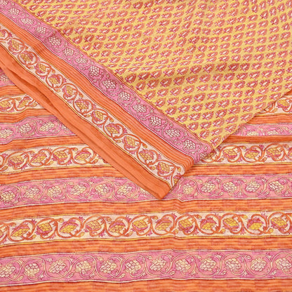 Indian Vintage Sari Yellow Pure Chiffon Silk Printed Saree 5Yd Craft Fabric Sewing Soft Light Sari Dress Making Quilting For Crating