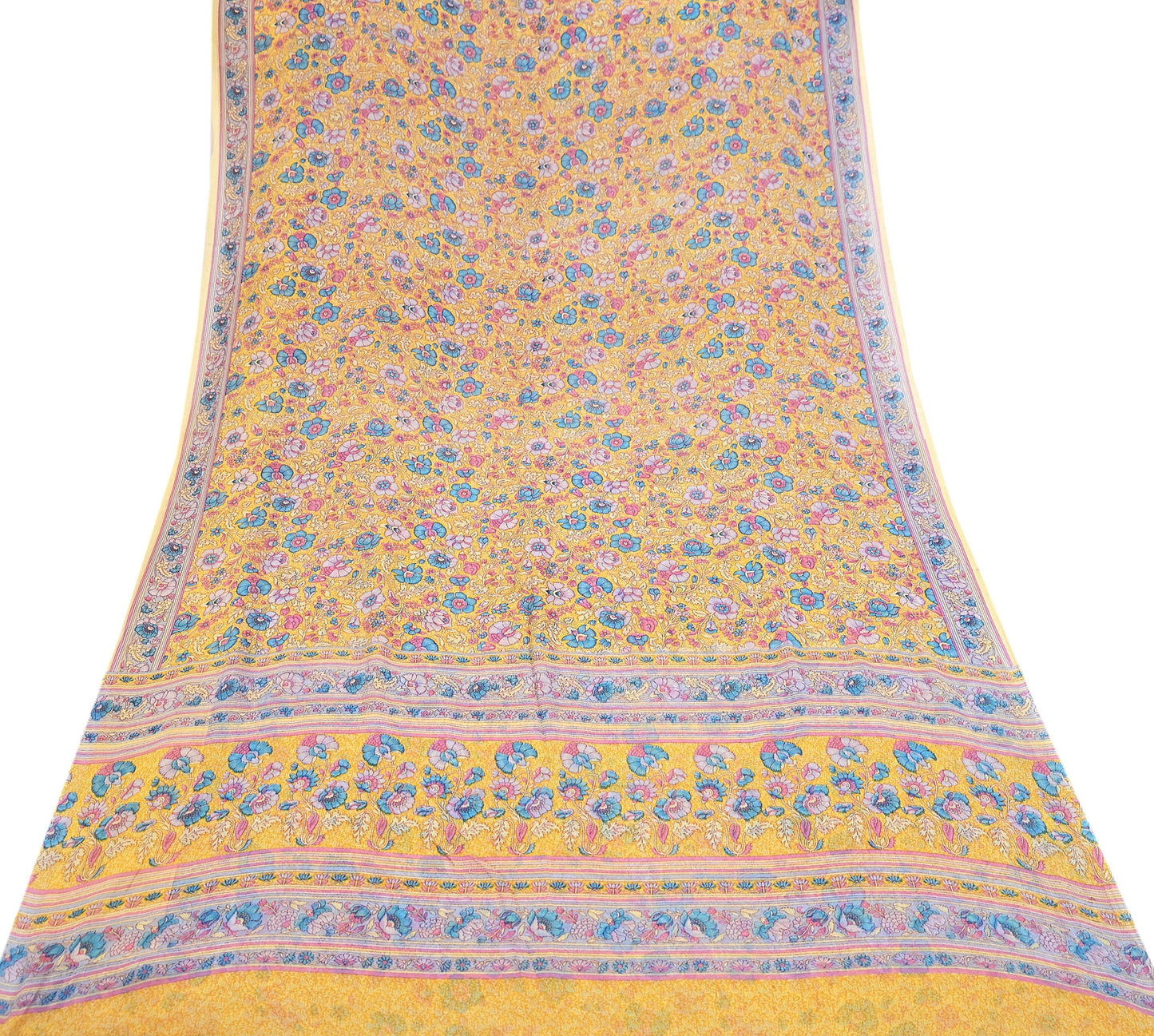 Indian Vintage Sari Yellow 100% Pure Georgette Silk Block Printed Sarees Sewing 5yd Craft Soft Dress Designing for Crafting Abstract