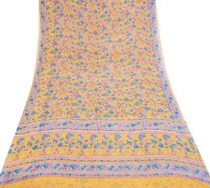 Indian Vintage Sari Yellow 100% Pure Georgette Silk Block Printed Sarees Sewing 5yd Craft Soft Dress Designing for Crafting Abstract