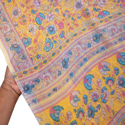 Indian Vintage Sari Yellow 100% Pure Georgette Silk Block Printed Sarees Sewing 5yd Craft Soft Dress Designing for Crafting Abstract