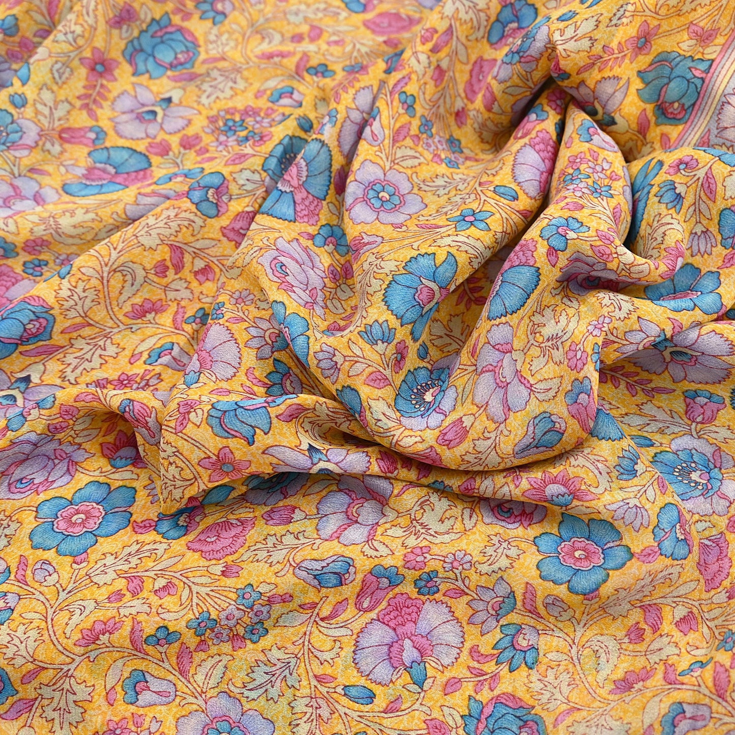 Indian Vintage Sari Yellow 100% Pure Georgette Silk Block Printed Sarees Sewing 5yd Craft Soft Dress Designing for Crafting Abstract