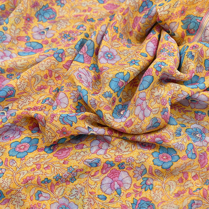 Indian Vintage Sari Yellow 100% Pure Georgette Silk Block Printed Sarees Sewing 5yd Craft Soft Dress Designing for Crafting Abstract